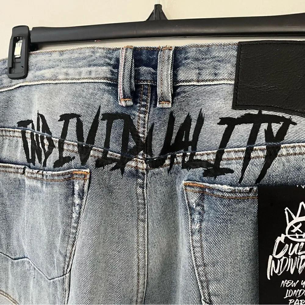 Cult of Individuality Rocker Slim Distressed‎ Jeans Rips Studs Ink, 40x33 NWT